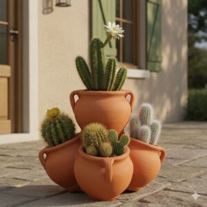 Maceta cactus de barro artesanal de color terracota para jardín y terraza