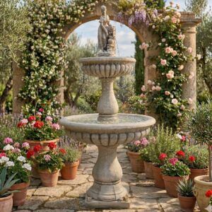 fuente de jardin central con cascadas en hormigon decorativa