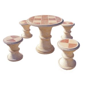 Mesa y taburetes jardín hormigón duraderos. Conjunto ARECA 4 plazas en color Mercurio sobre terraza de piedra.