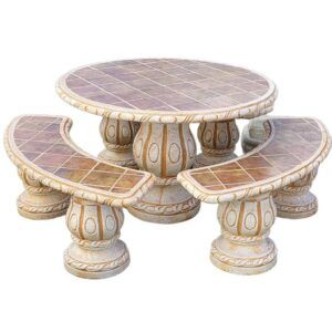 CONJUNTO DE MESA REDONDA Y BANCOS CON AZULEJO PARA EXTERIOR TERRAZA JARDIN