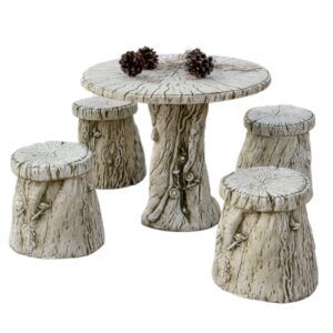 Comedor Jardín Hormigón Tronco Naturaleza. Conjunto "Bosque Encantado" de 4 asientos en ambiente rústico de jardín.