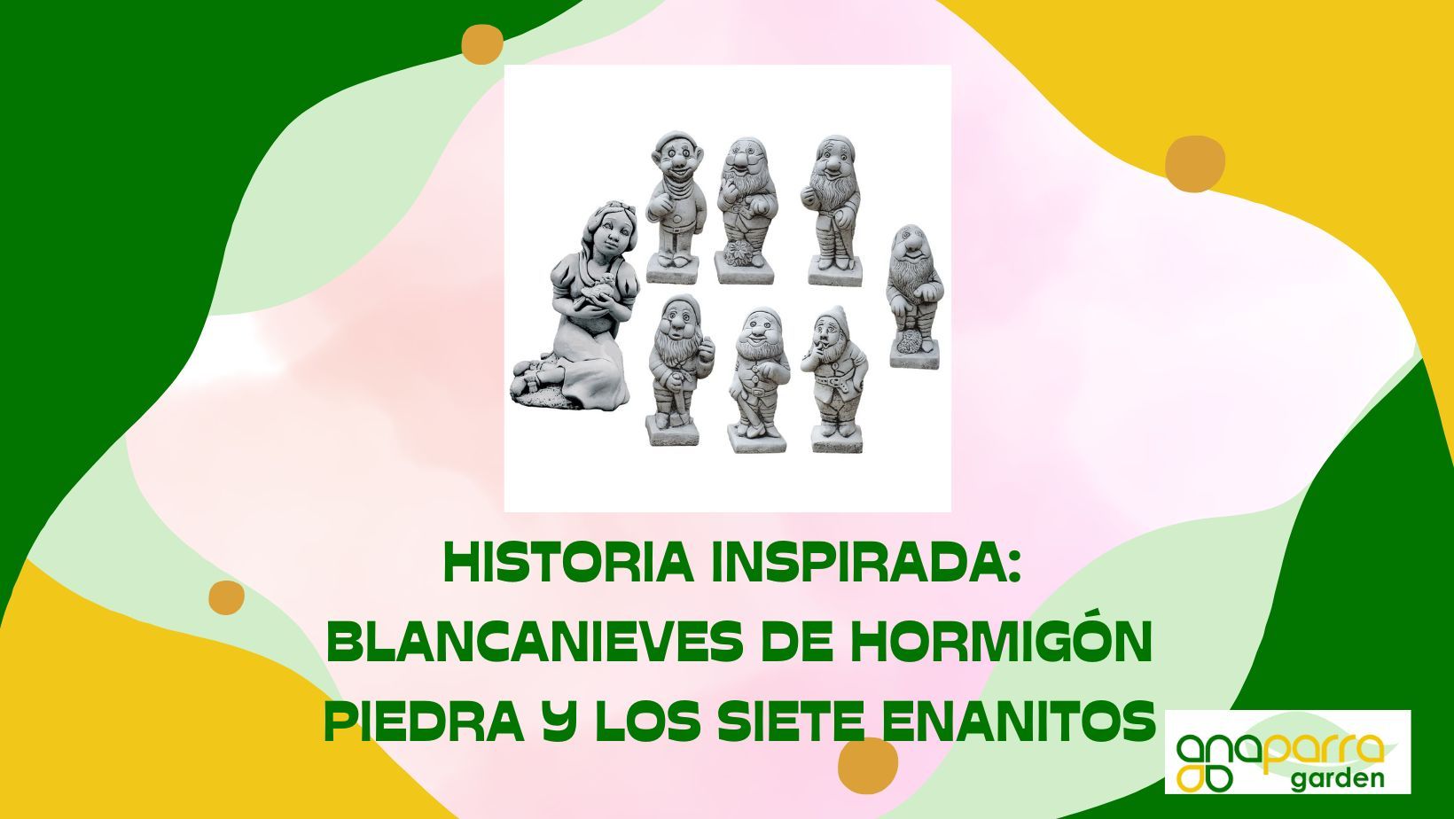 Blancanieves de hormigón piedra y los siete enanitos.