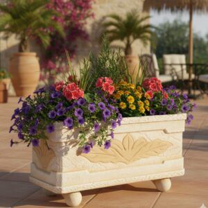 Jardinera de Hormigón Decorada 91cm, 73kg, Maceta Rectangular Exterior