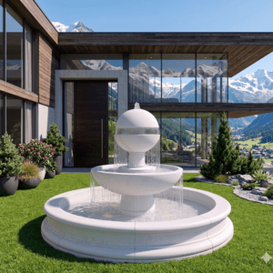 fuente de jardin moderna blanca de hormigon con estanque
